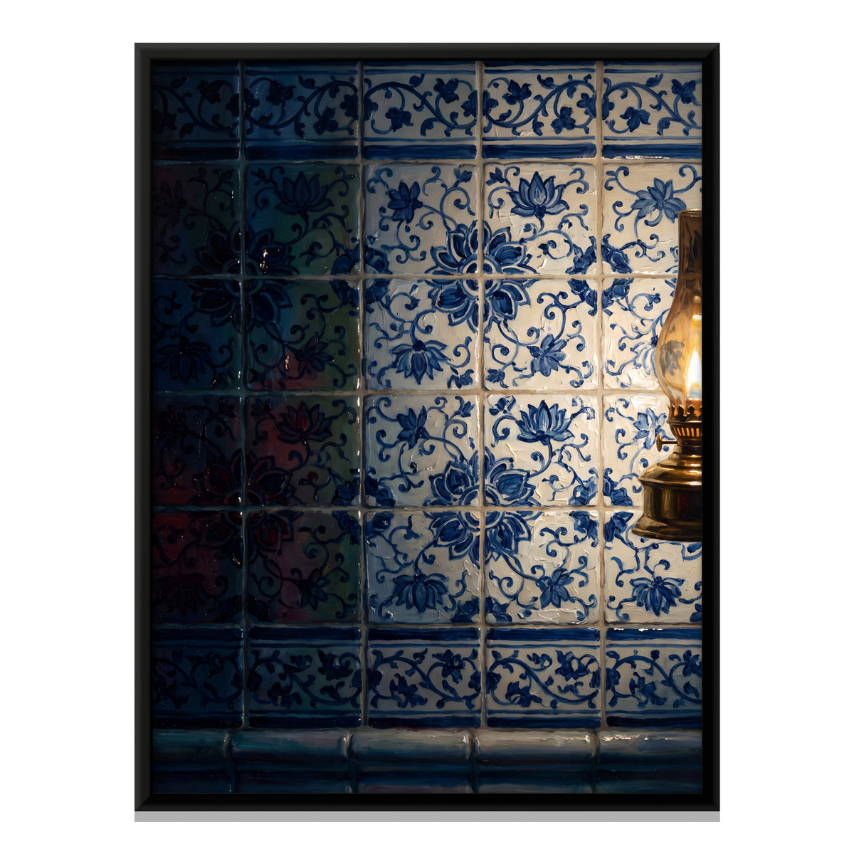 Blue and White Tiles by Lamplight - framed canvas print, front view