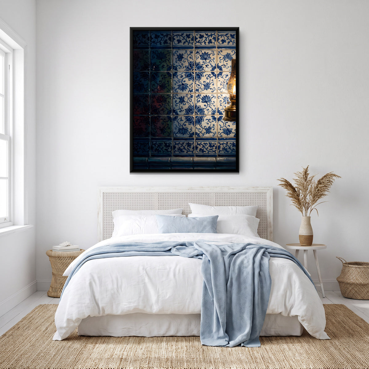 Blue and White Tiles by Lamplight - canvas art shown in a styled room