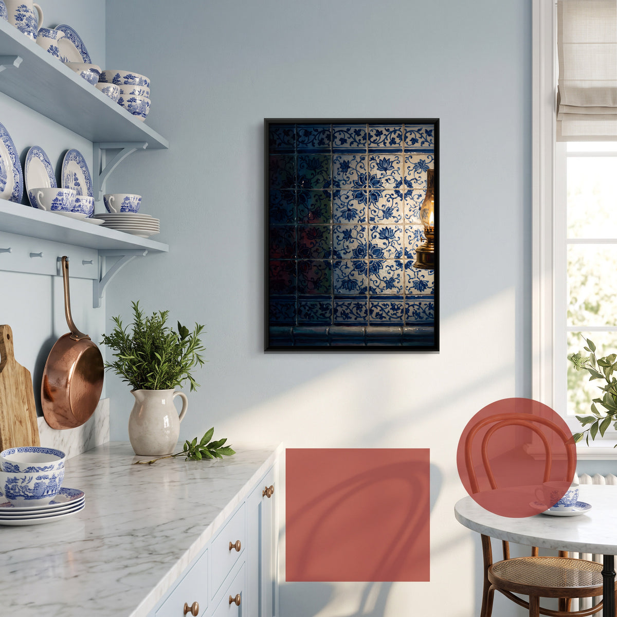Blue and White Tiles by Lamplight - canvas art shown in a second room setting