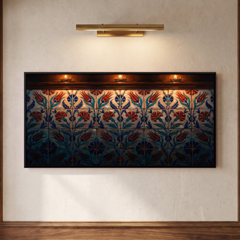 Tulip and Carnation Tile Wall - framed canvas art hung on a wall