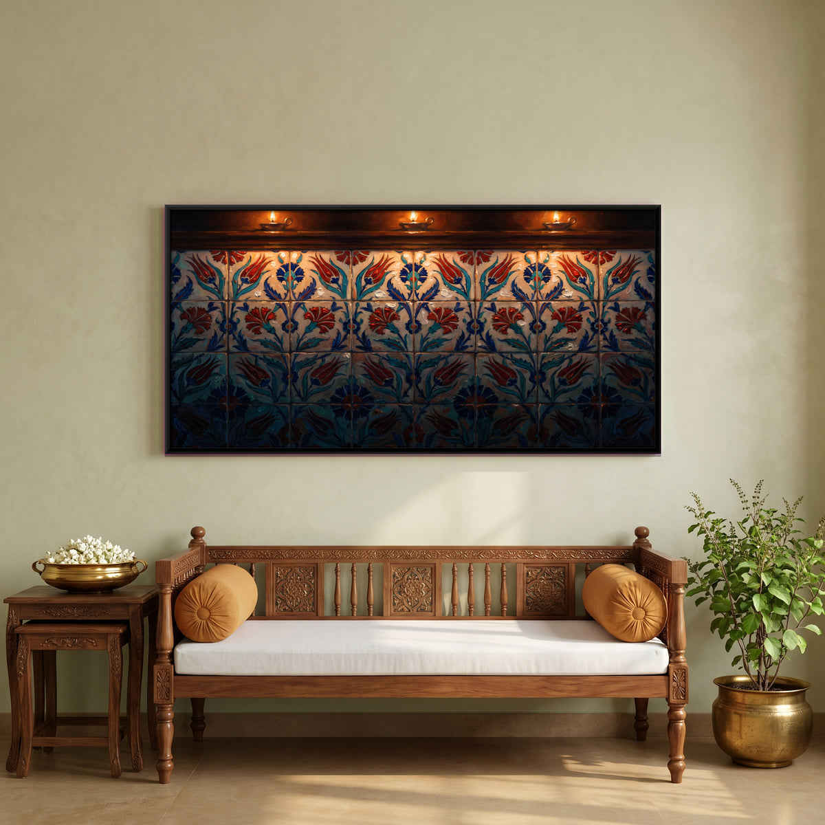Tulip and Carnation Tile Wall - canvas art shown in a styled room