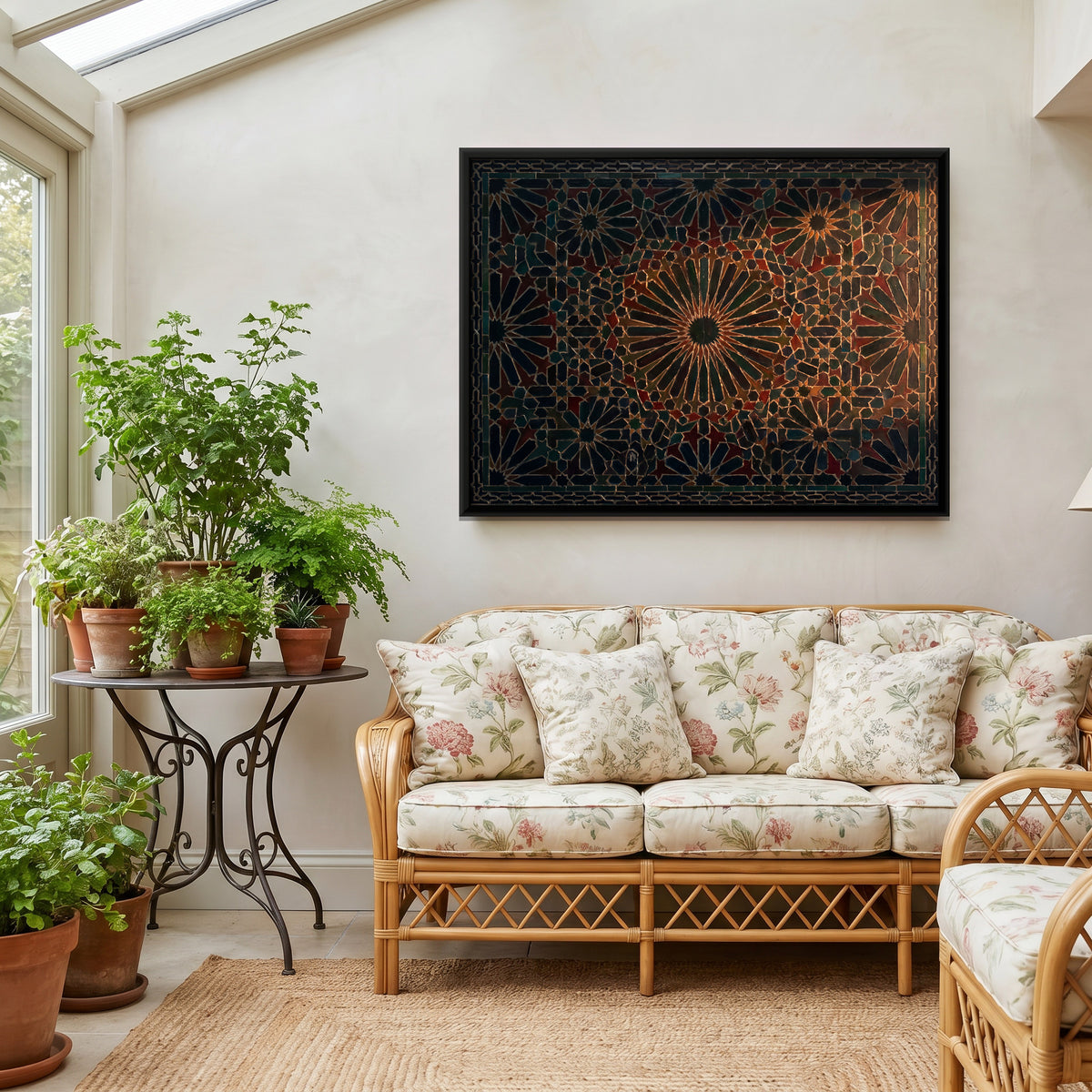 Geometric Starburst Panel - canvas art shown in a styled room