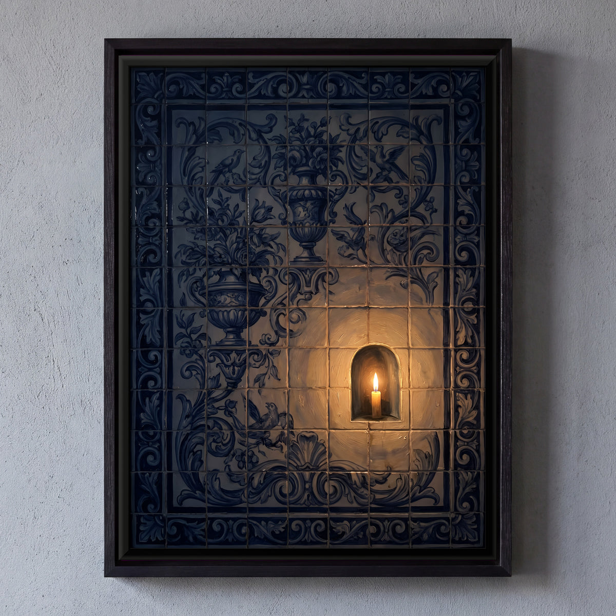 Candlelit Niche in a Blue Tile Wall - framed canvas art hung on a wall