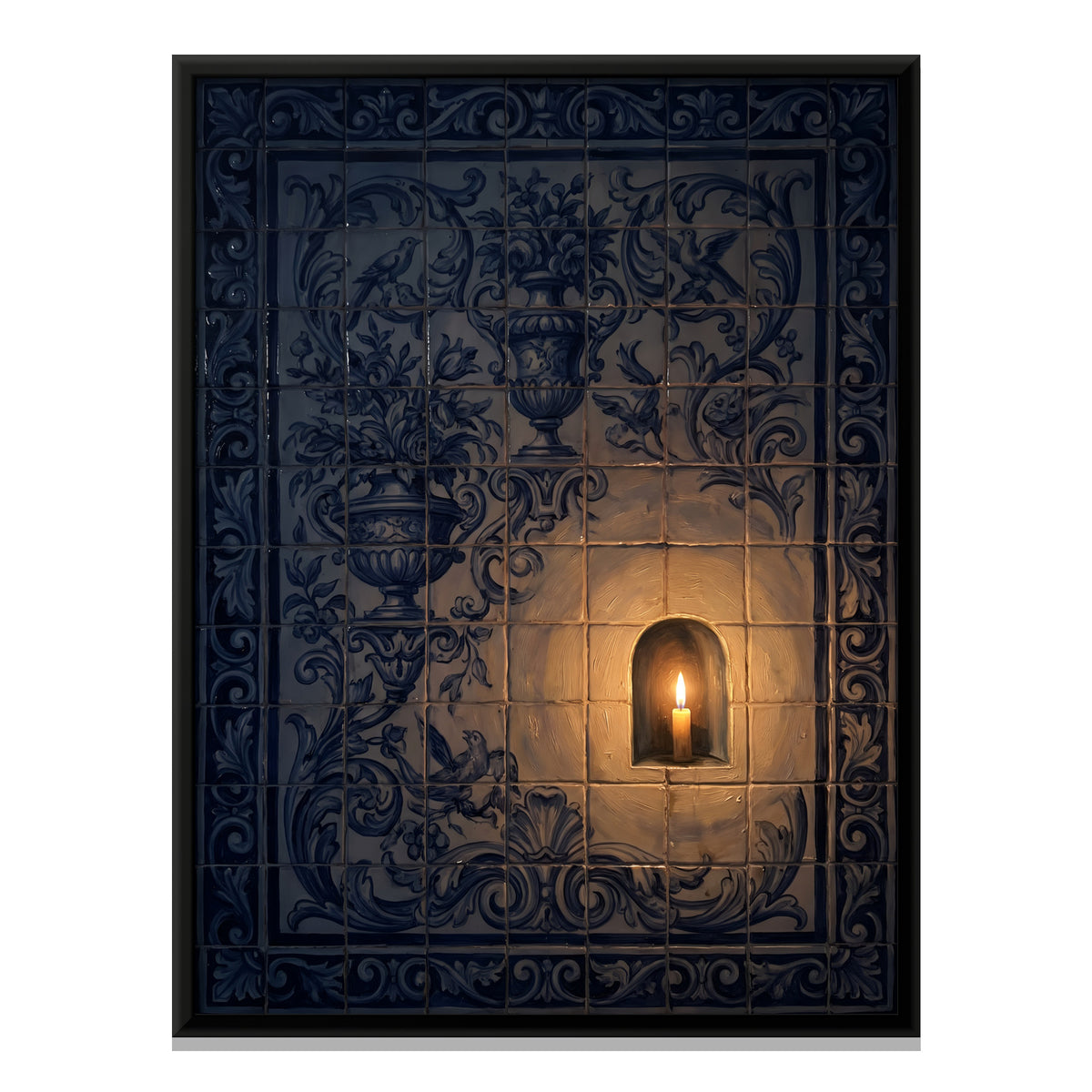 Candlelit Niche in a Blue Tile Wall - framed canvas print, front view