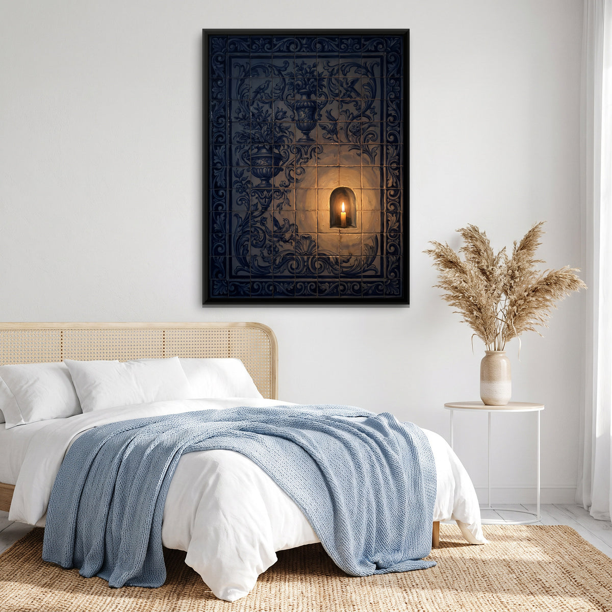 Candlelit Niche in a Blue Tile Wall - canvas art shown in a styled room