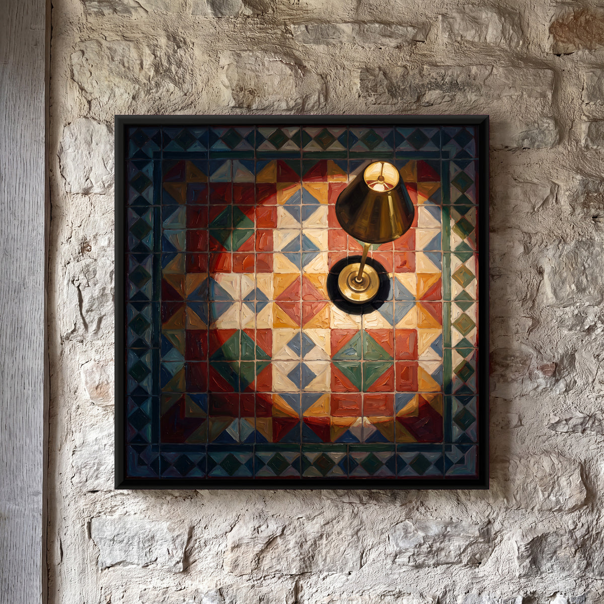 Geometric Tile Floor with Brass Lamp - framed canvas art hung on a wall