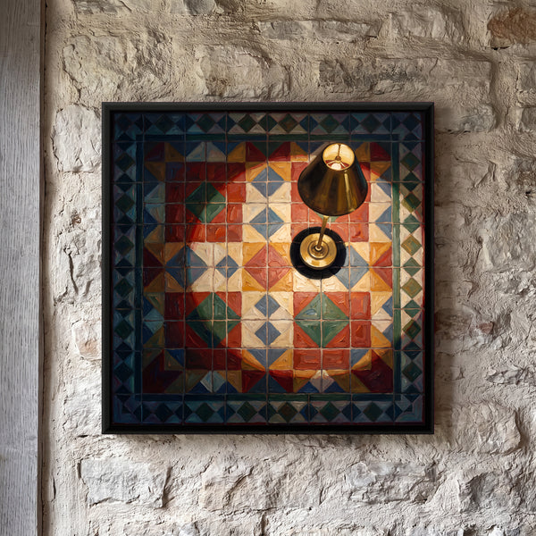 Geometric Tile Floor with Brass Lamp