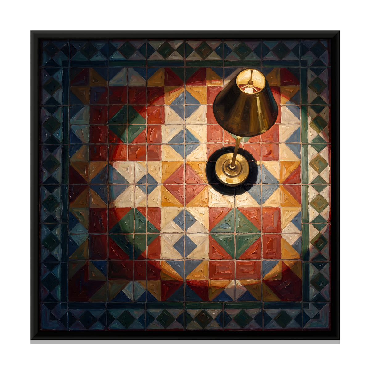 Geometric Tile Floor with Brass Lamp - framed canvas print, front view
