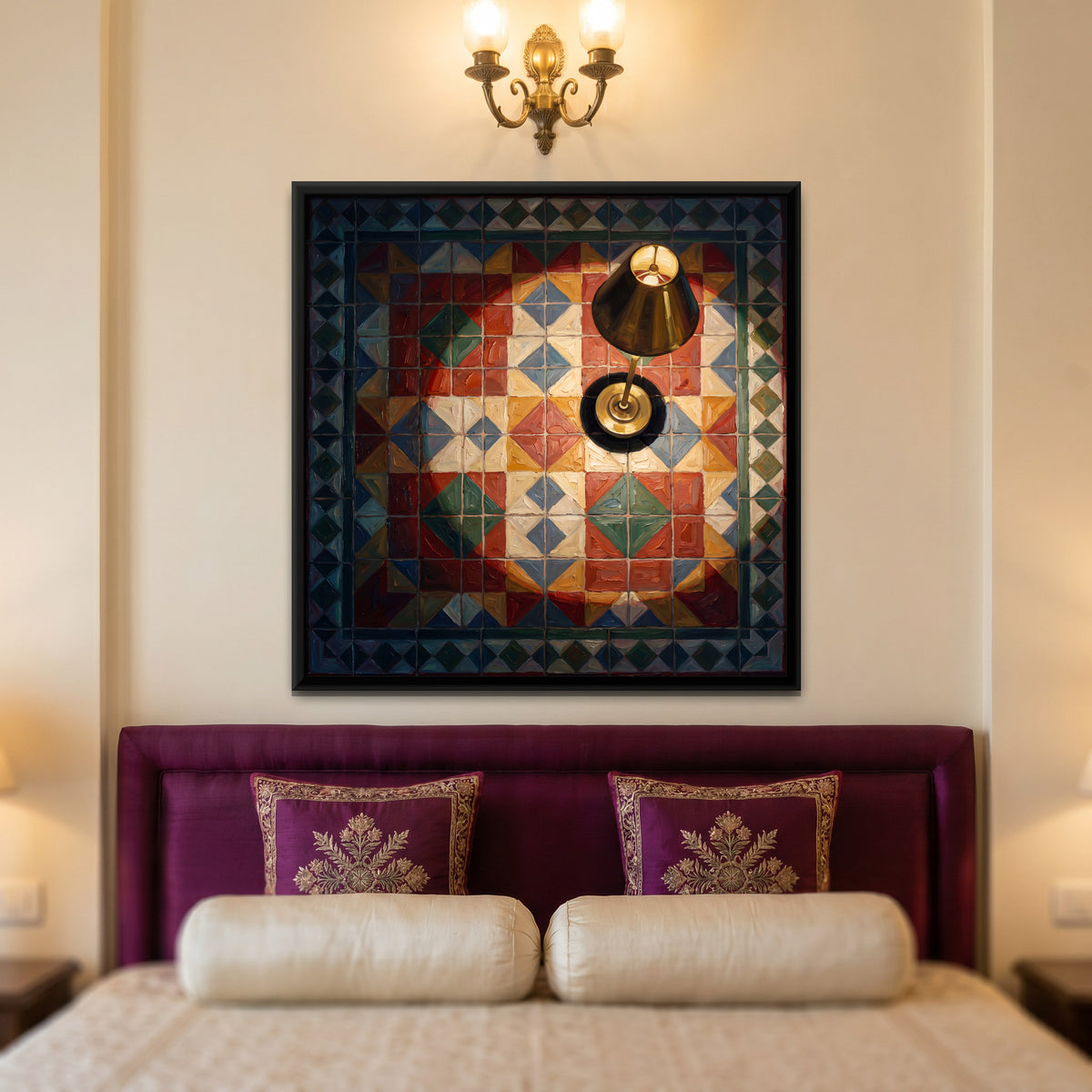 Geometric Tile Floor with Brass Lamp - canvas art shown in a styled room