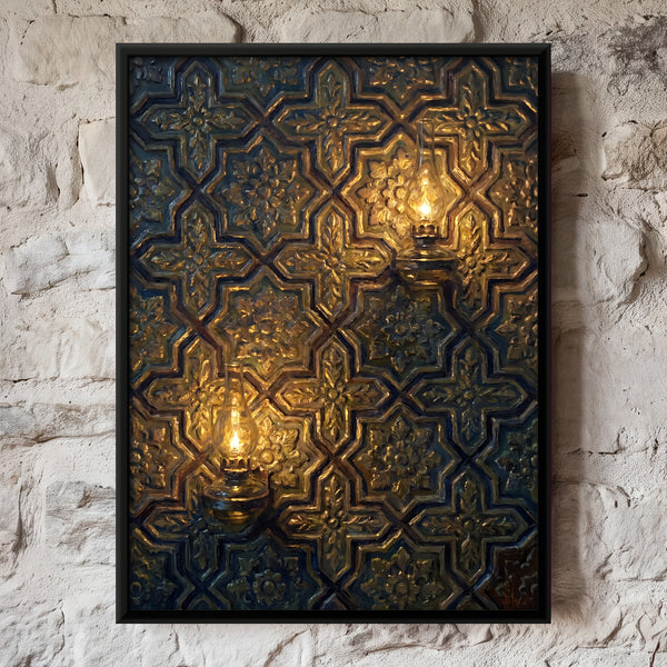 Gilded Lattice Wall Illuminated by Wall Lamps