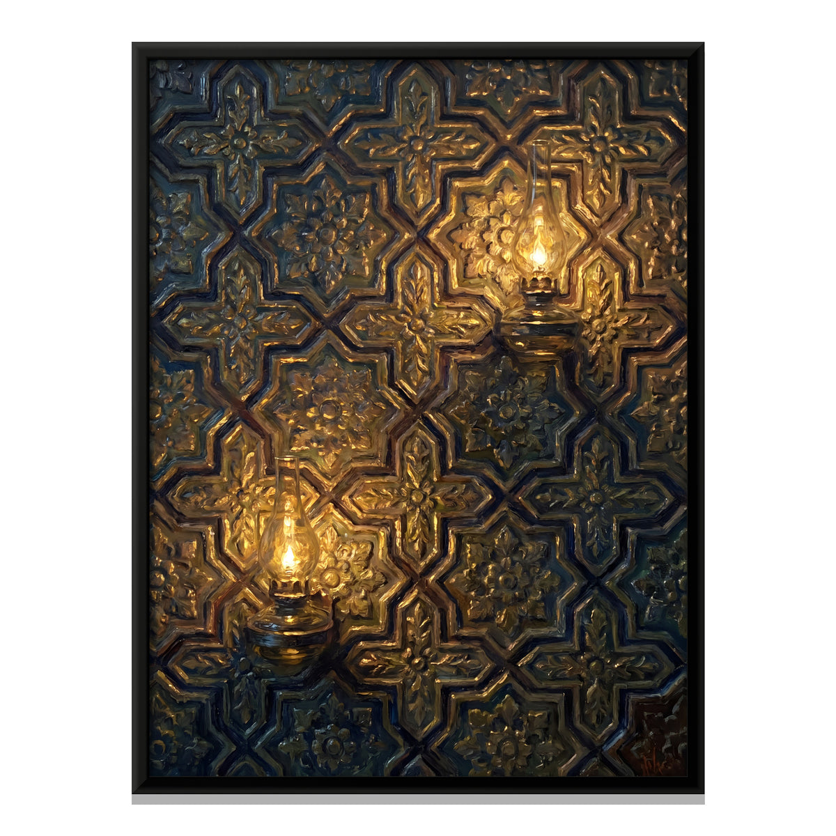 Gilded Lattice Wall with Lamps - framed canvas print, front view
