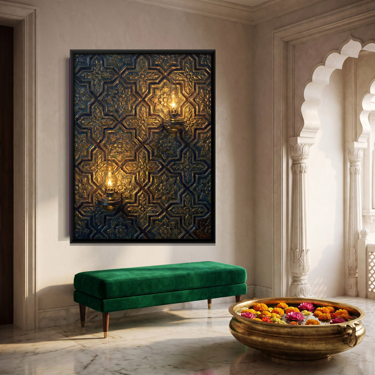 Gilded Lattice Wall with Lamps - canvas art shown in a styled room