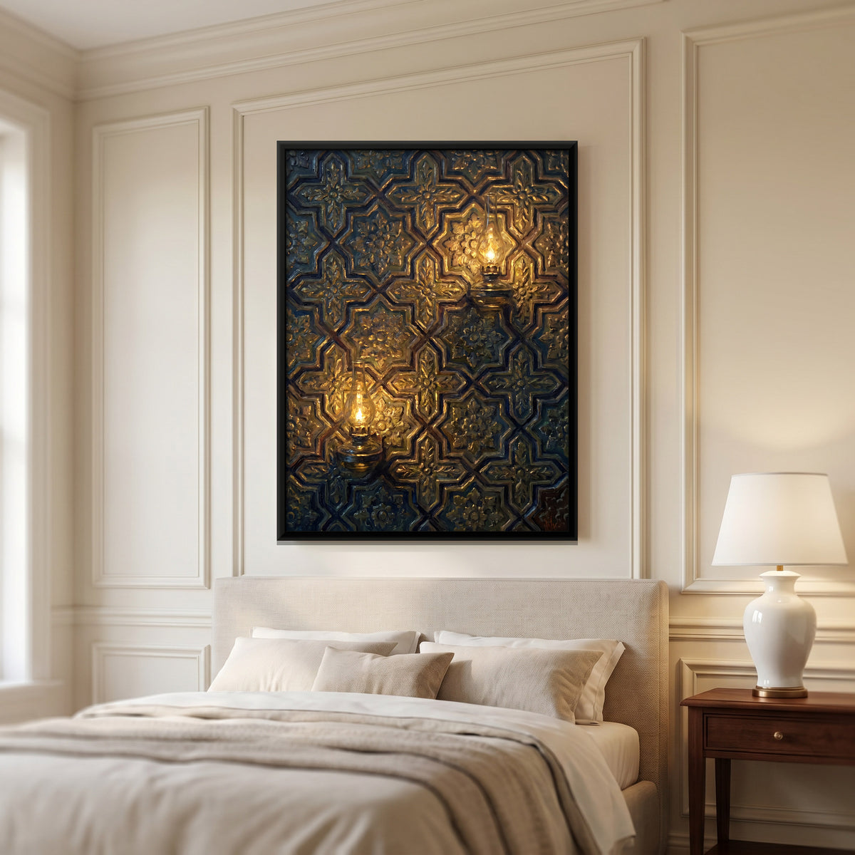 Gilded Lattice Wall with Lamps - canvas art shown in a second room setting
