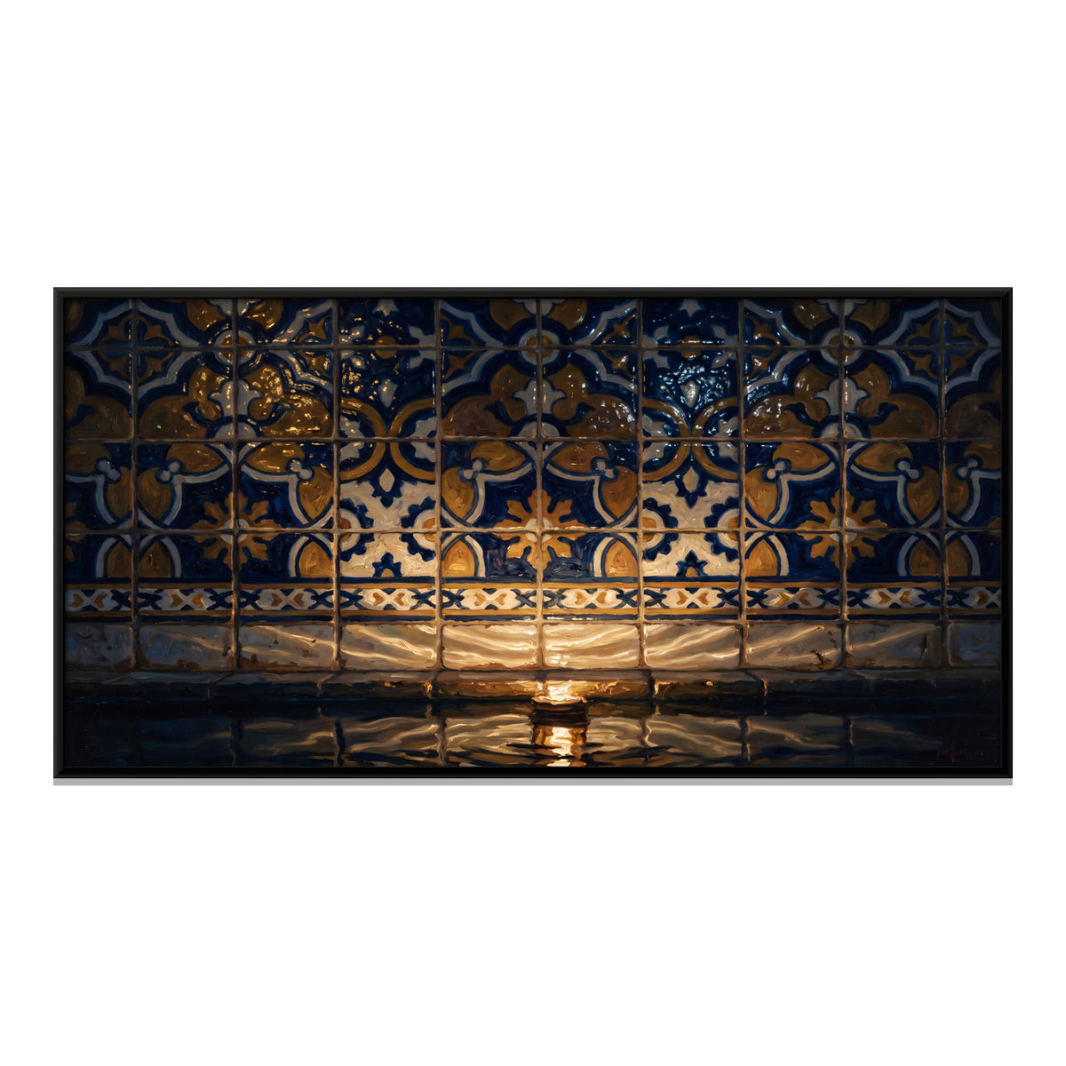 Tiled Wall Reflected in Still Water - framed canvas print, front view
