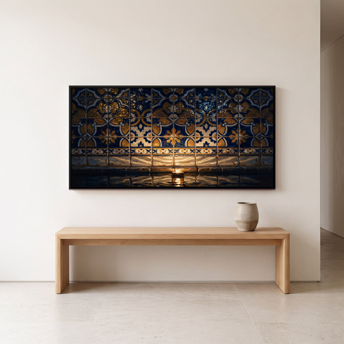 Tiled Wall Reflected in Still Water - canvas art shown in a second room setting