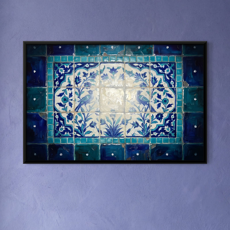 Blue Tile Panel with Birds - framed canvas art hung on a wall