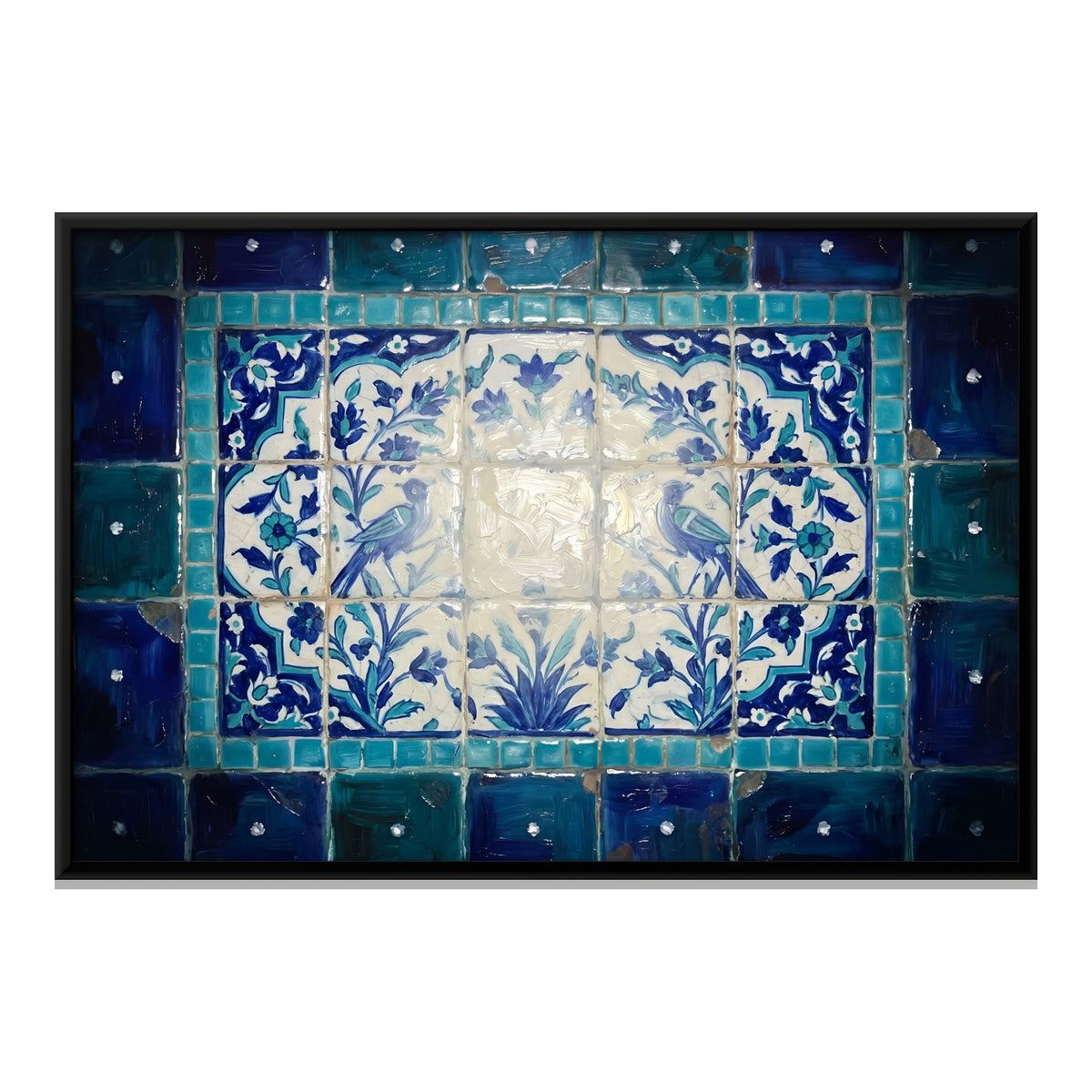 Blue Tile Panel with Birds - framed canvas print, front view