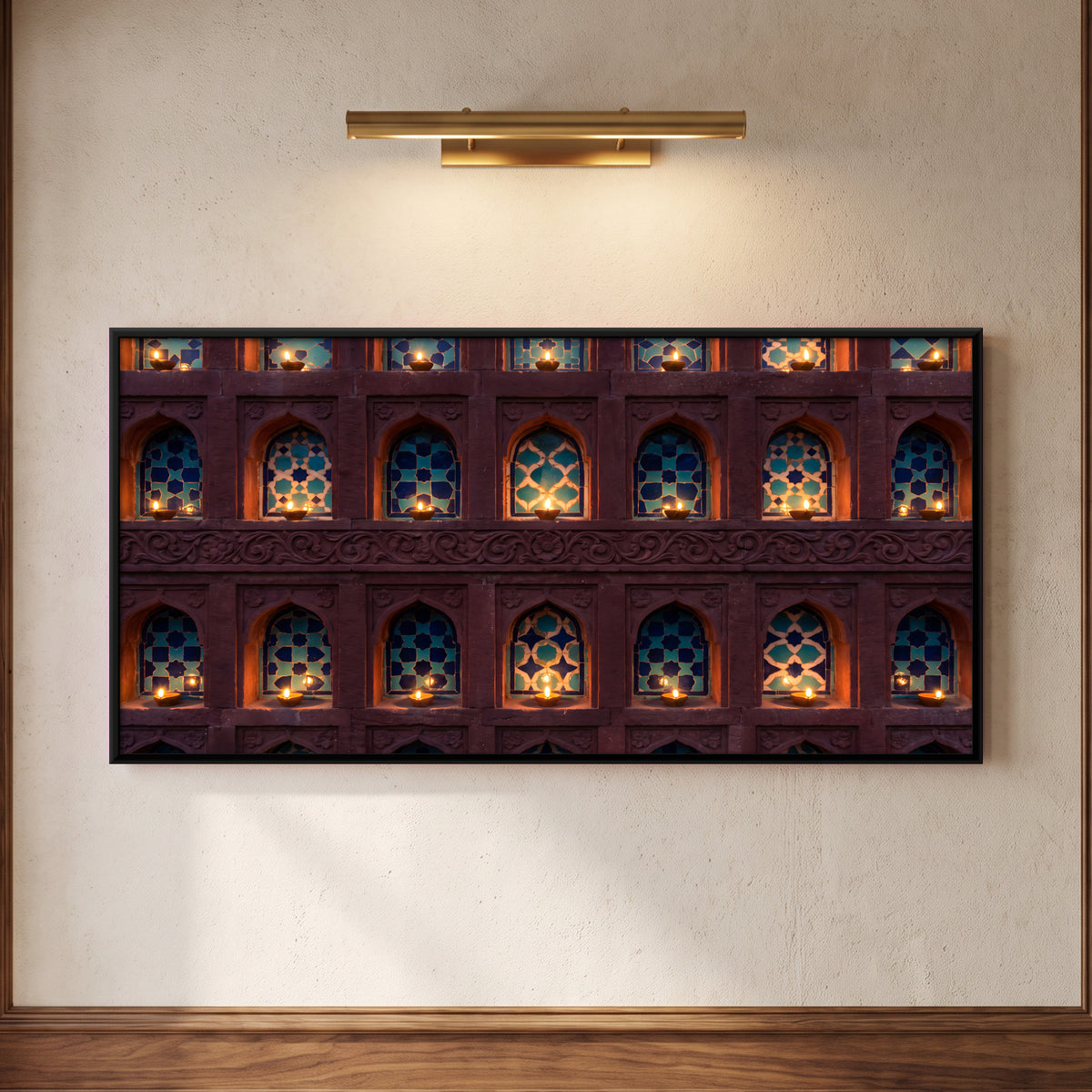 Diyas in Blue-Tiled Niches - framed canvas art hung on a wall
