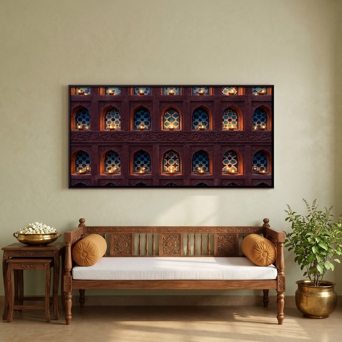 Diyas in Blue-Tiled Niches - canvas art shown in a styled room