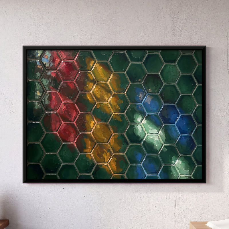 Hexagonal Coloured Glass Panes - framed canvas art hung on a wall