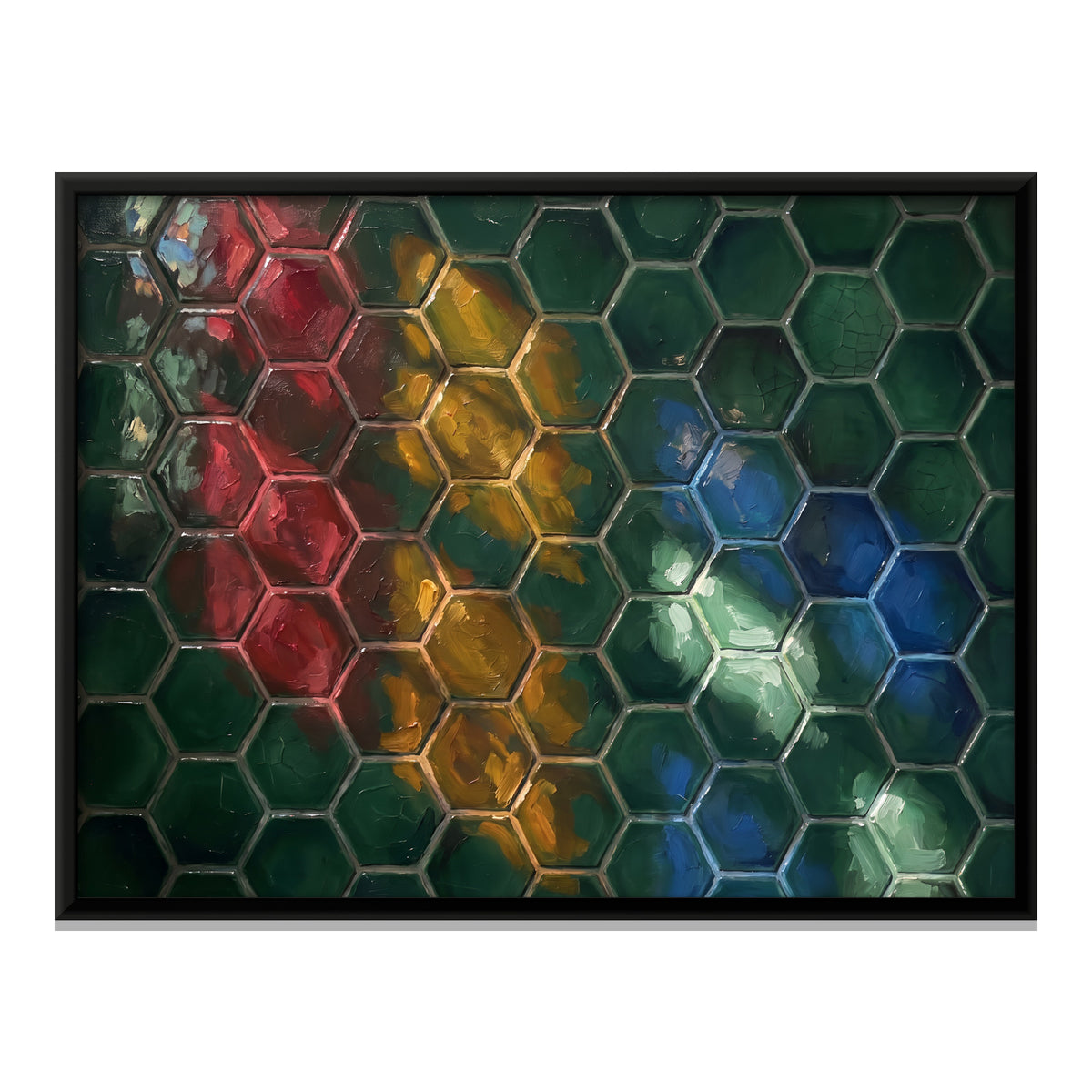 Hexagonal Coloured Glass Panes - framed canvas print, front view