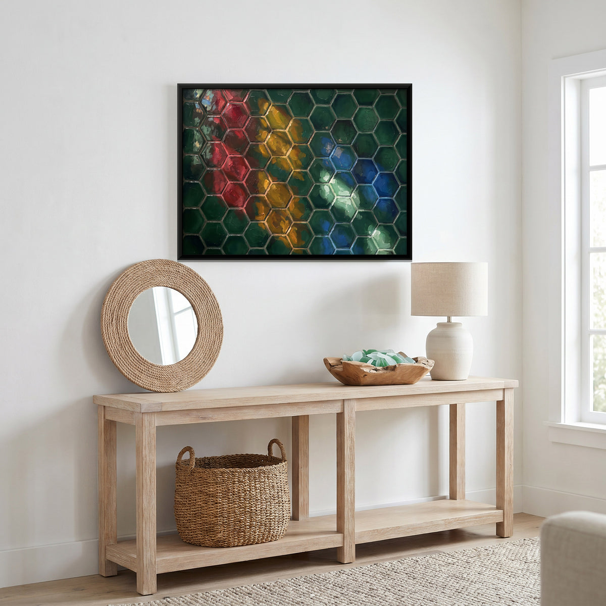 Hexagonal Coloured Glass Panes - canvas art shown in a styled room