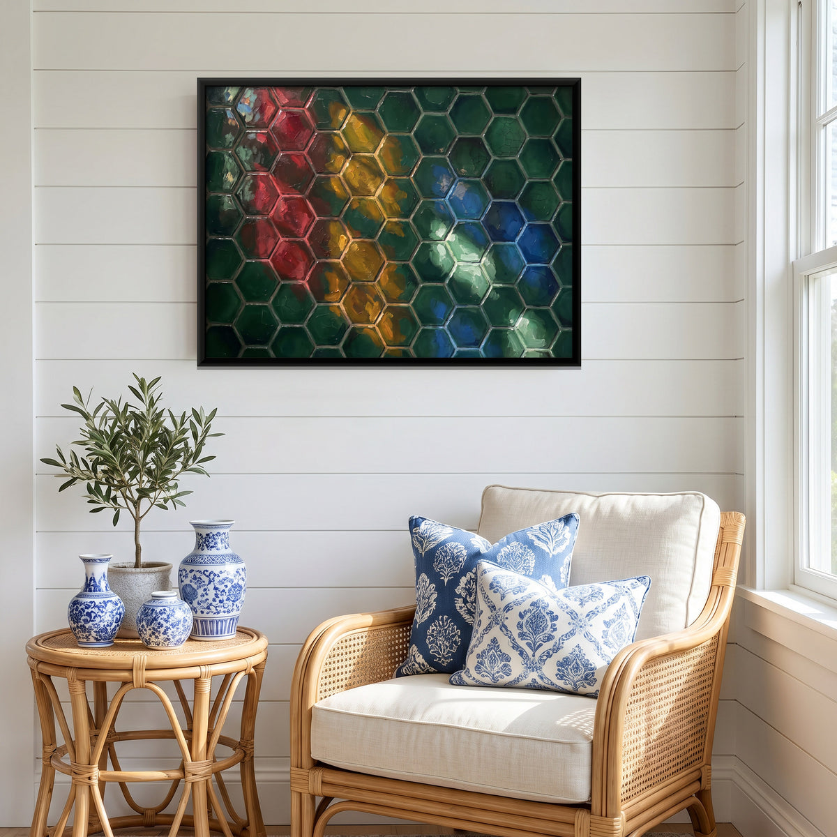 Hexagonal Coloured Glass Panes - canvas art shown in a second room setting