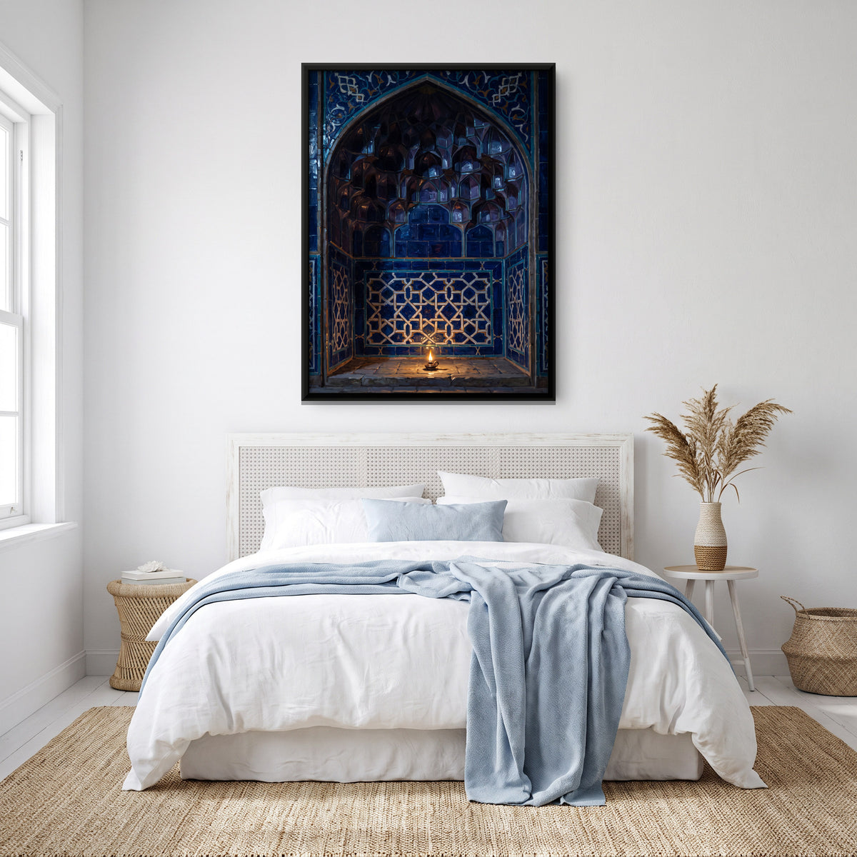 Blue Tiled Arch with an Oil Lamp - canvas art shown in a styled room