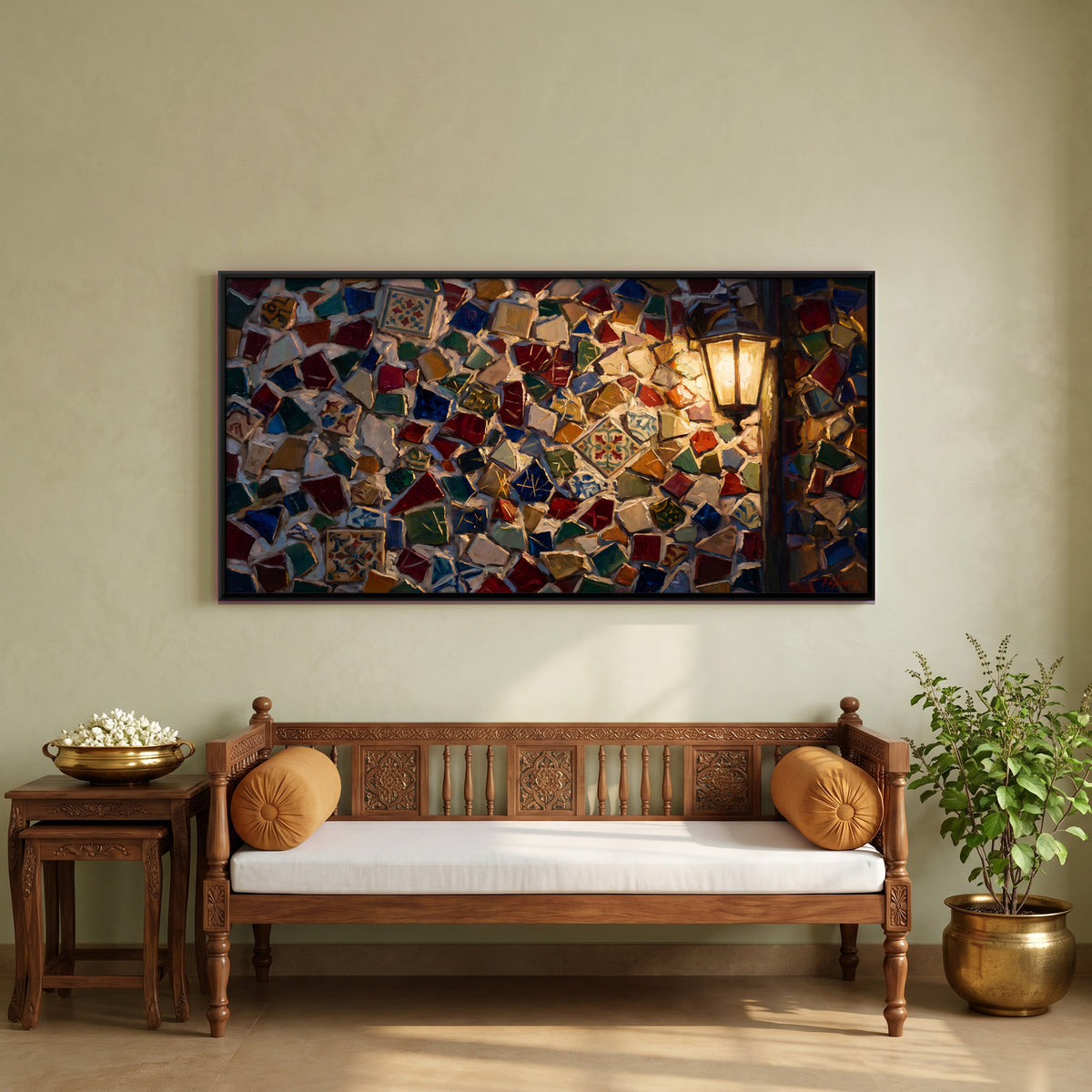 Broken Tile Mosaic Wall - canvas art shown in a styled room
