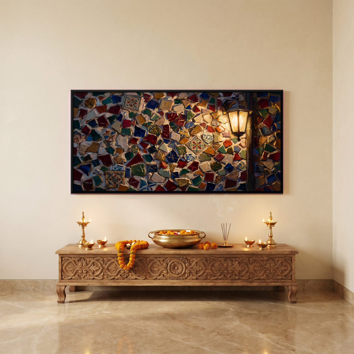 Broken Tile Mosaic Wall - canvas art shown in a second room setting