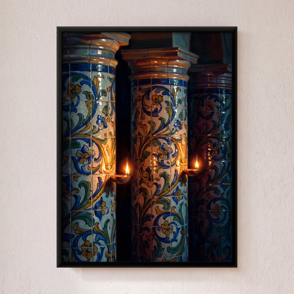 Tiled Columns with Oil Lamps - framed canvas art hung on a wall