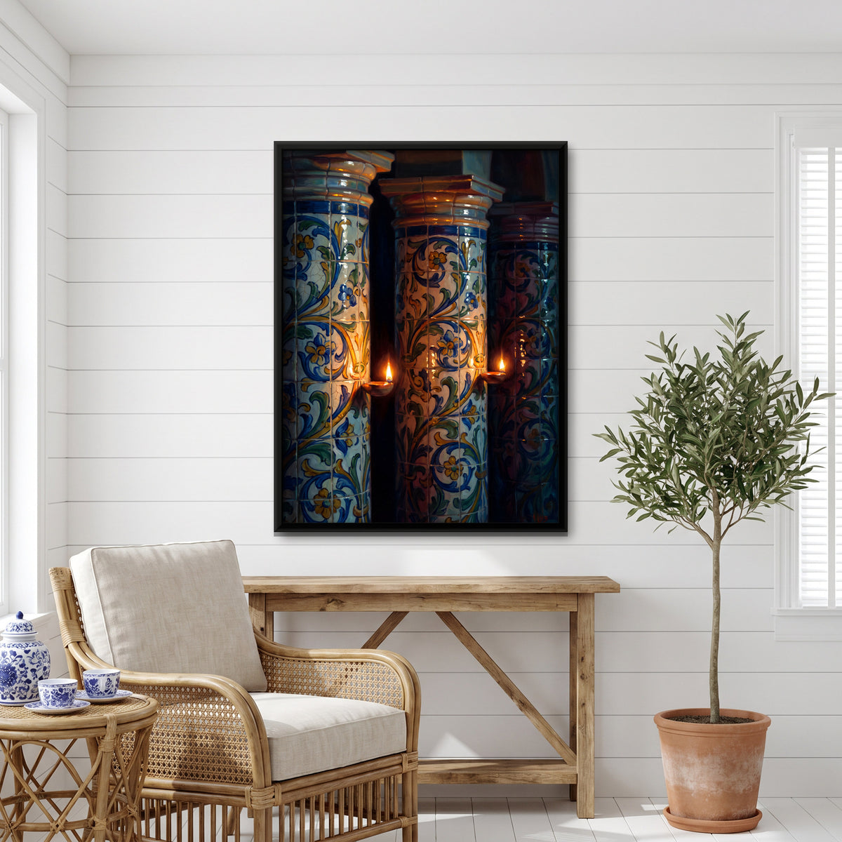 Tiled Columns with Oil Lamps - canvas art shown in a styled room
