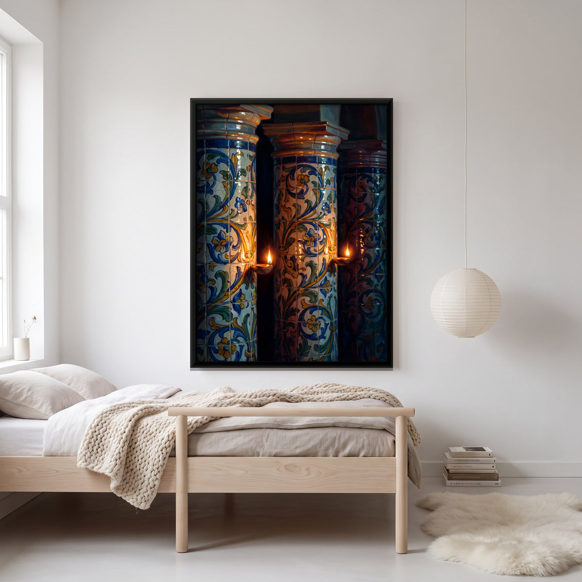 Tiled Columns with Oil Lamps - canvas art shown in a second room setting