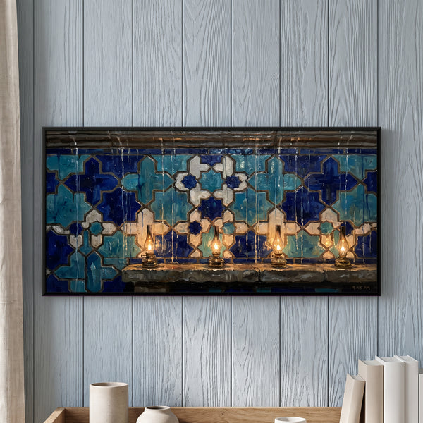 Blue Tiled Wall with Brass Lamps
