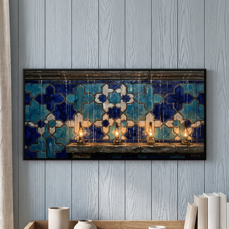 Blue Tiled Wall with Brass Lamps - framed canvas art hung on a wall