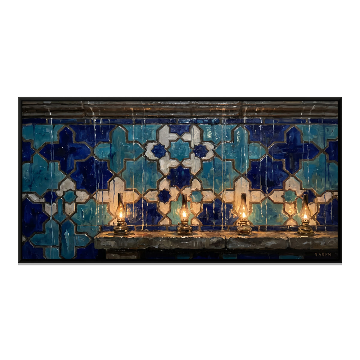 Blue Tiled Wall with Brass Lamps - framed canvas print, front view