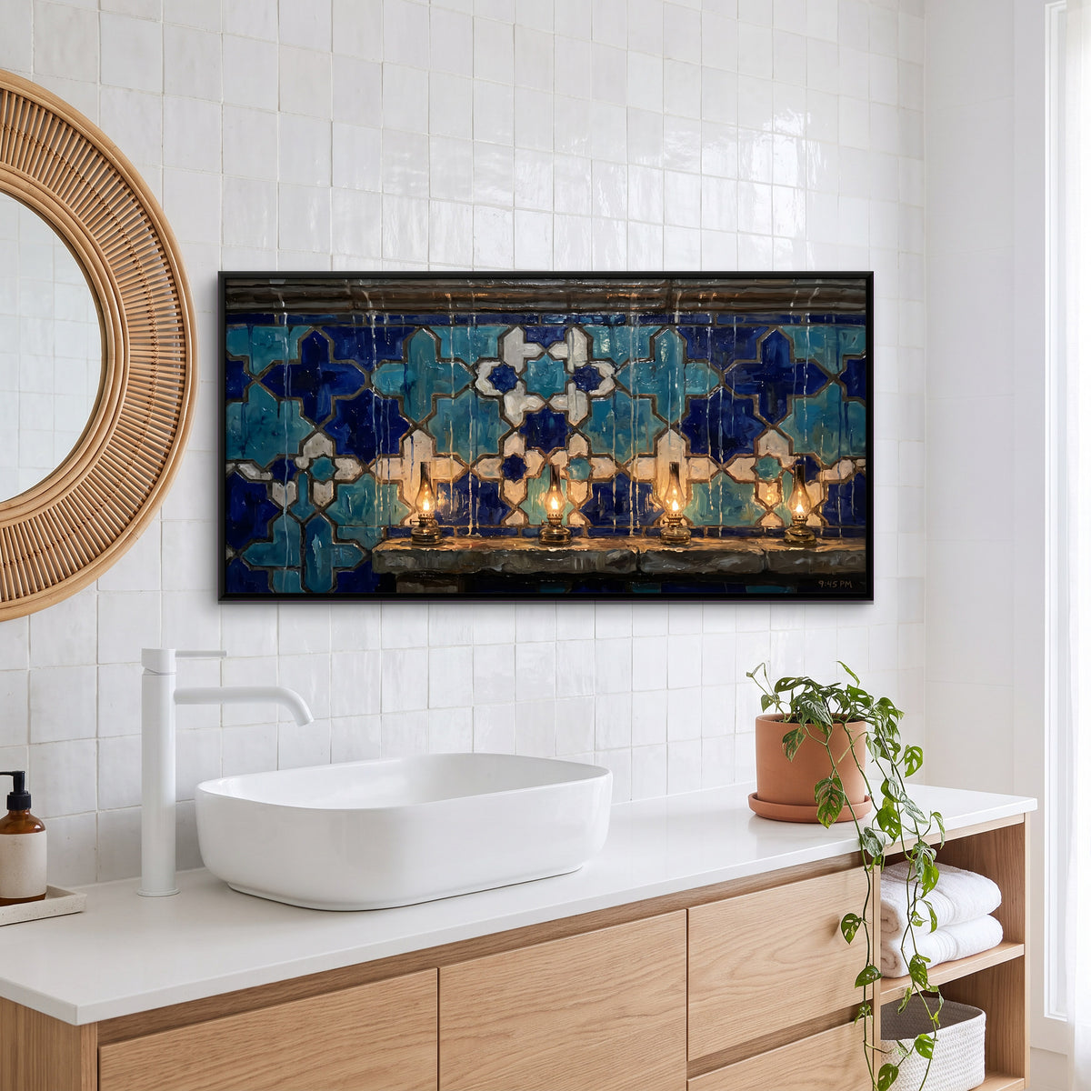 Blue Tiled Wall with Brass Lamps - canvas art shown in a styled room