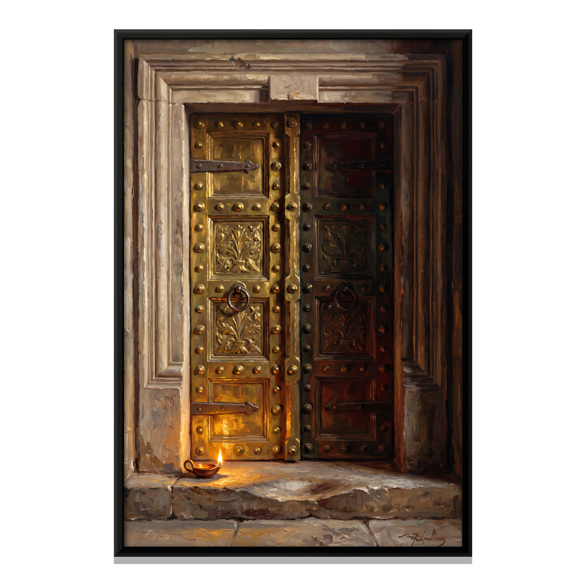 Brass Temple Door with Diya - framed canvas print, front view