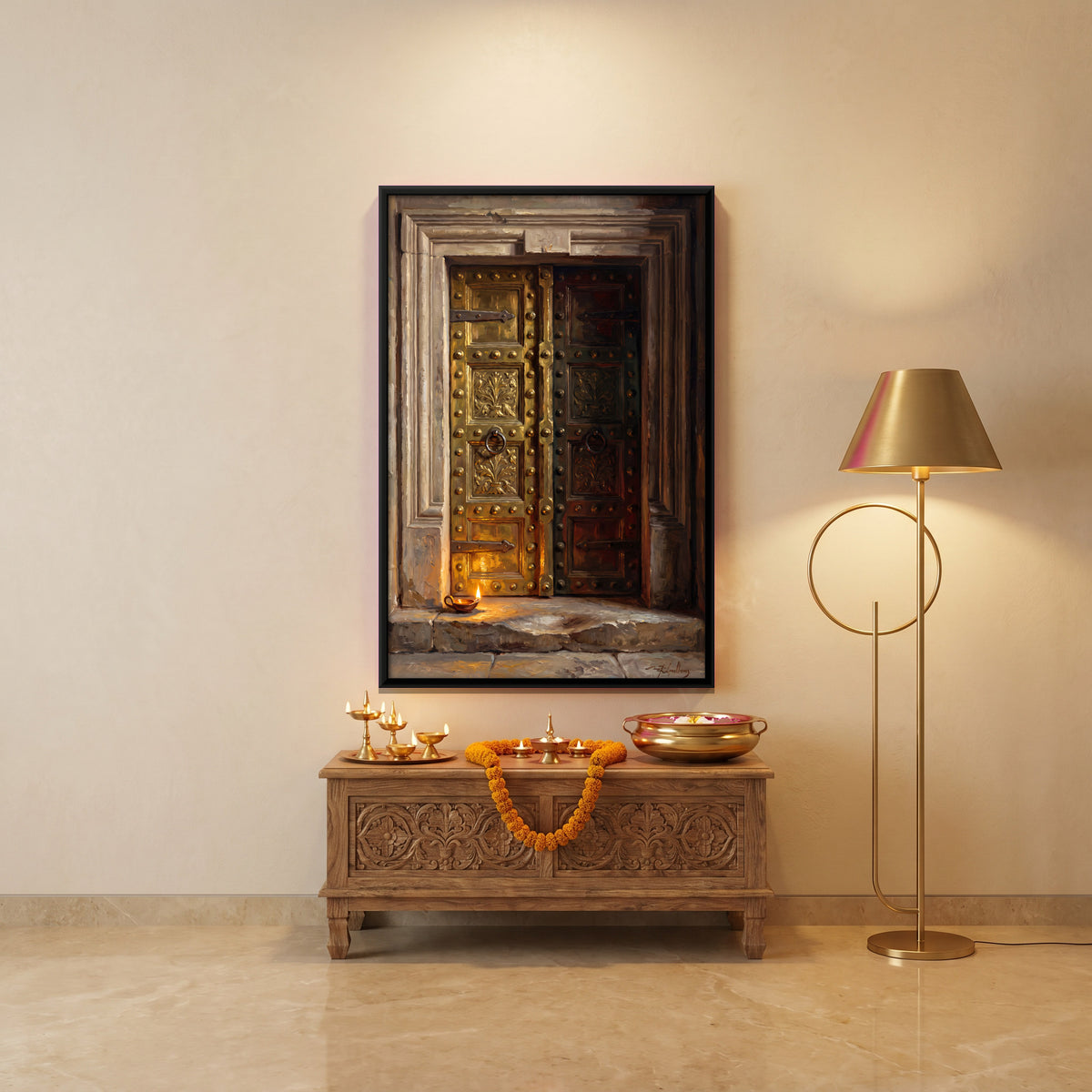 Brass Temple Door with Diya - canvas art shown in a second room setting