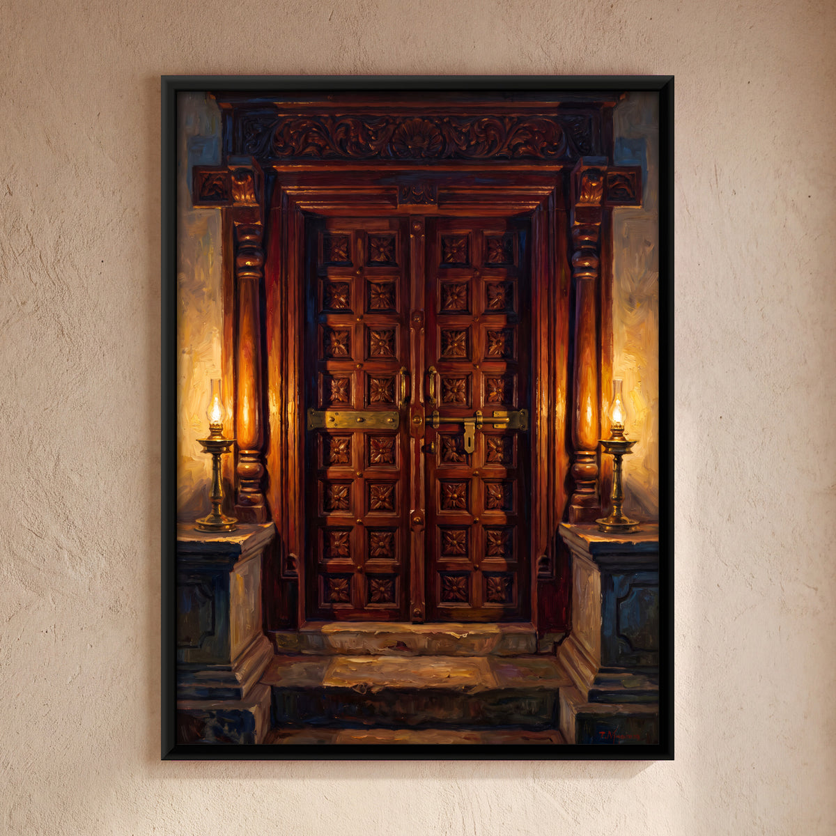 Carved Teak Door with Brass Lamps - framed canvas art hung on a wall