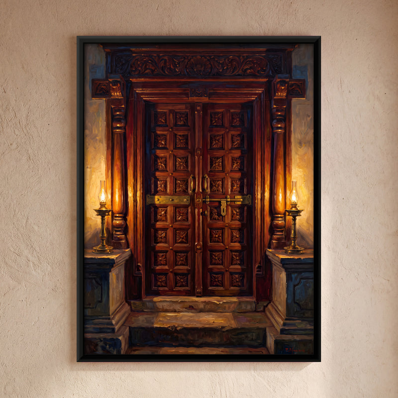 Carved Teak Door with Brass Lamps - framed canvas art hung on a wall