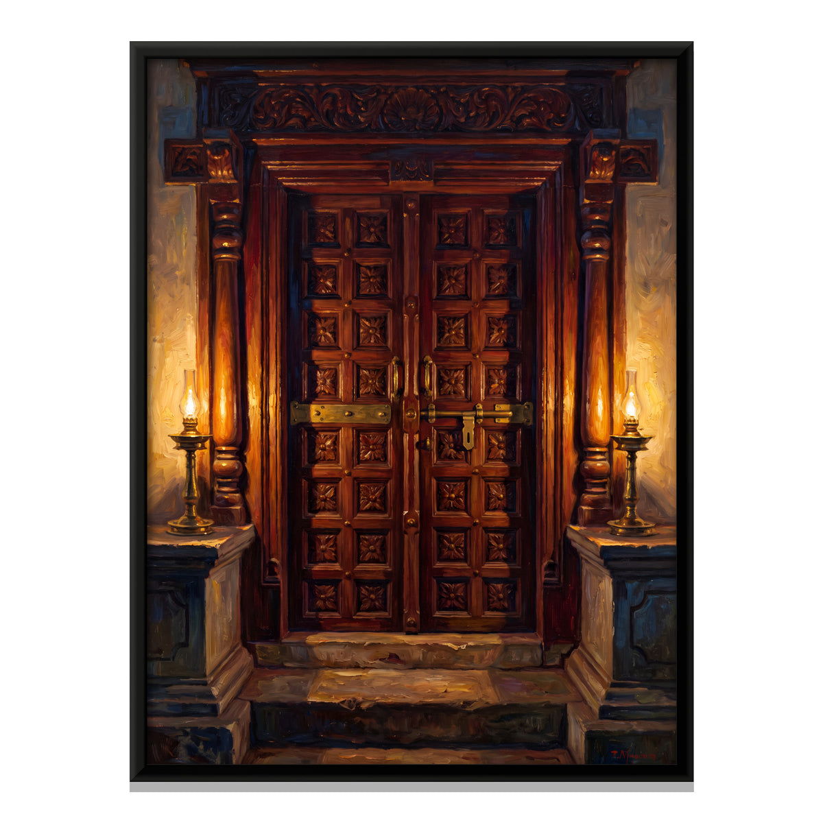 Carved Teak Door with Brass Lamps - framed canvas print, front view