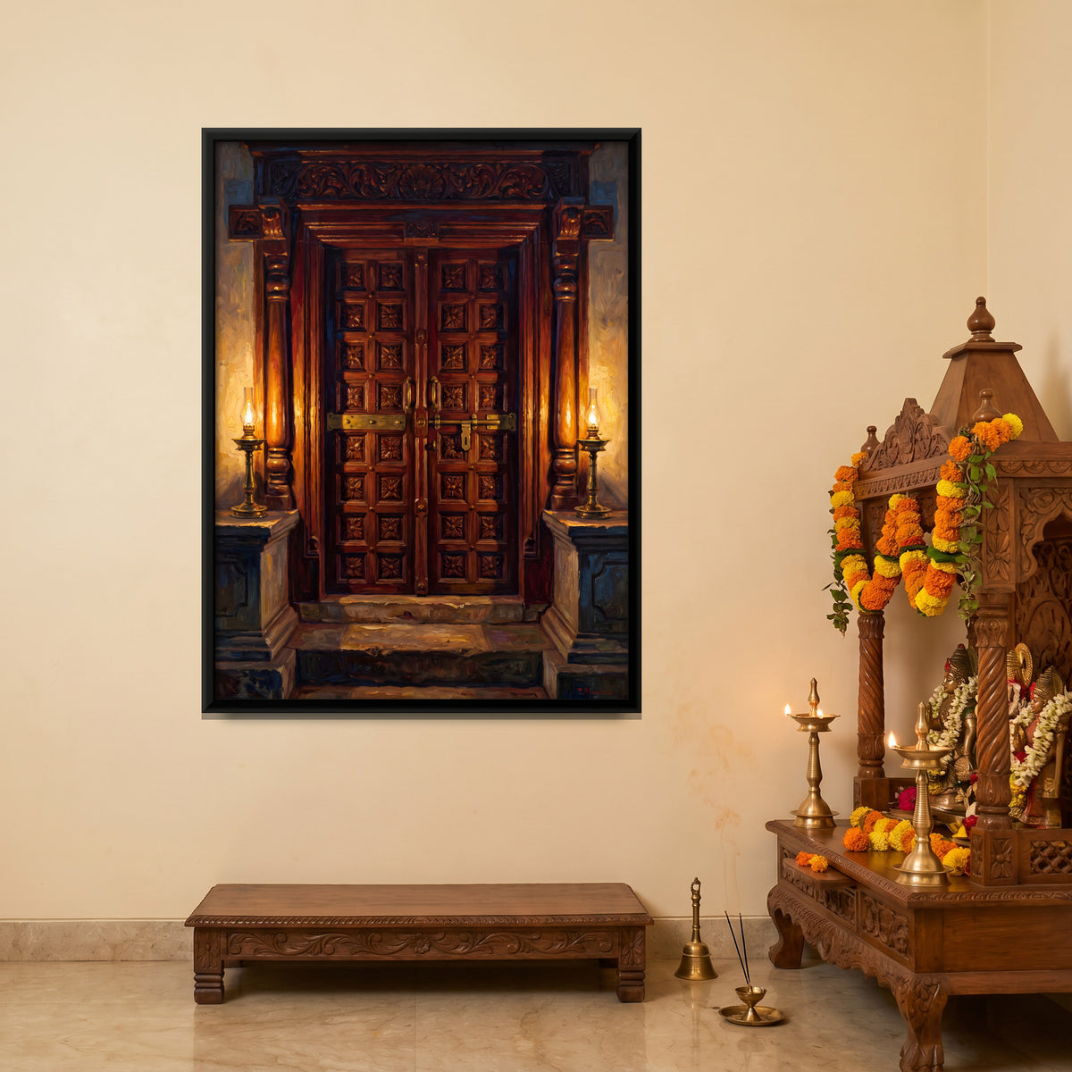 Carved Teak Door with Brass Lamps - canvas art shown in a second room setting