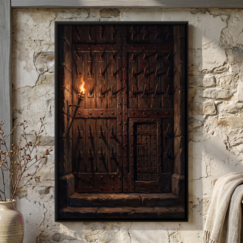 Studded Fort Gate by Torchlight - framed canvas art hung on a wall