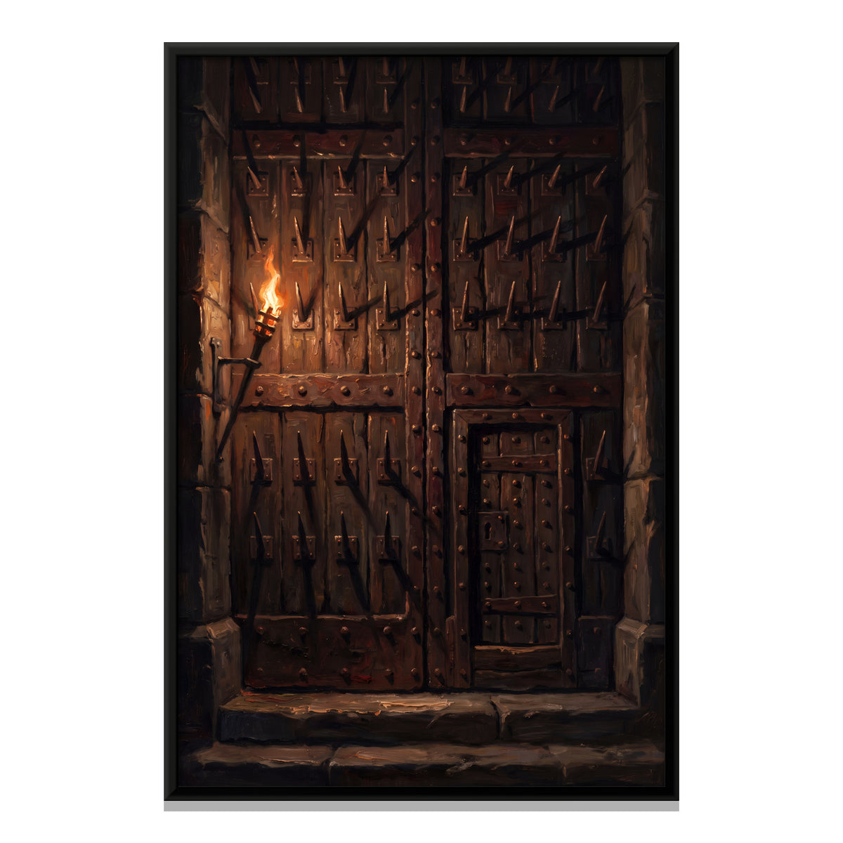 Studded Fort Gate by Torchlight - framed canvas print, front view