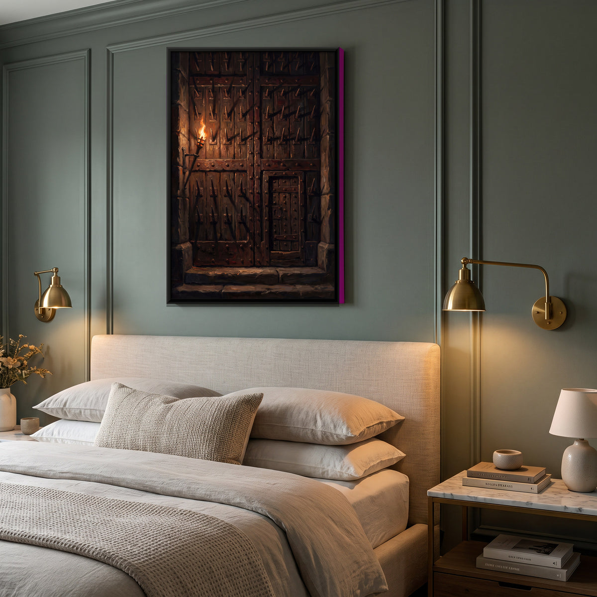 Studded Fort Gate by Torchlight - canvas art shown in a second room setting