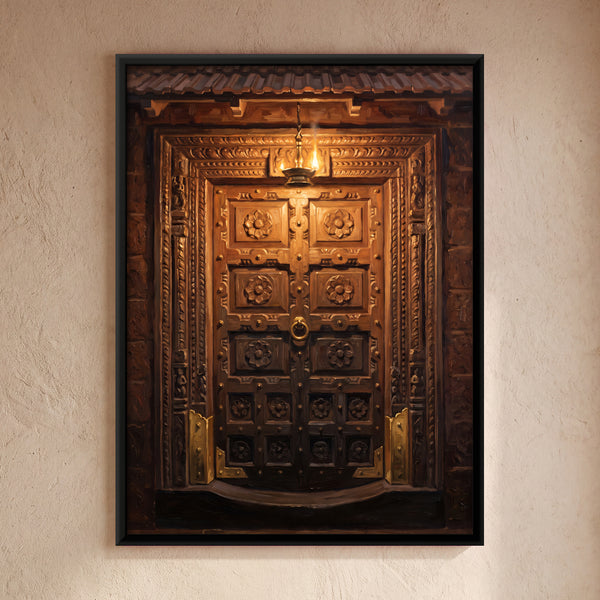 Carved Wooden Doorway with Lamp