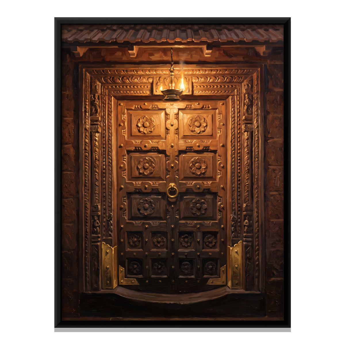 Carved Wooden Doorway with Lamp - framed canvas print, front view