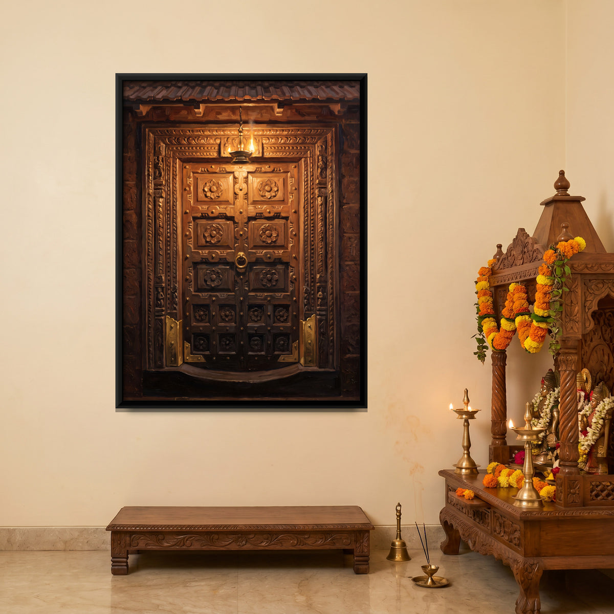 Carved Wooden Doorway with Lamp - canvas art shown in a second room setting