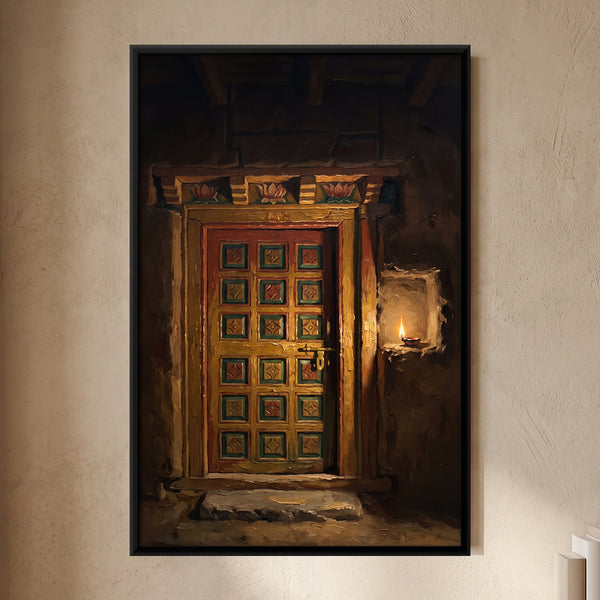 Painted Ladakhi Door with Oil Lamp